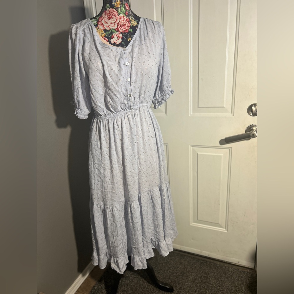 CALISTA Blue Floral Midi Dress V-Neck Puff Sleeve Button Ruffle Sz Large